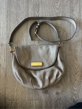 Marc Jacob’s Taupe Leather Crossbody Bag with Gold Plaque
